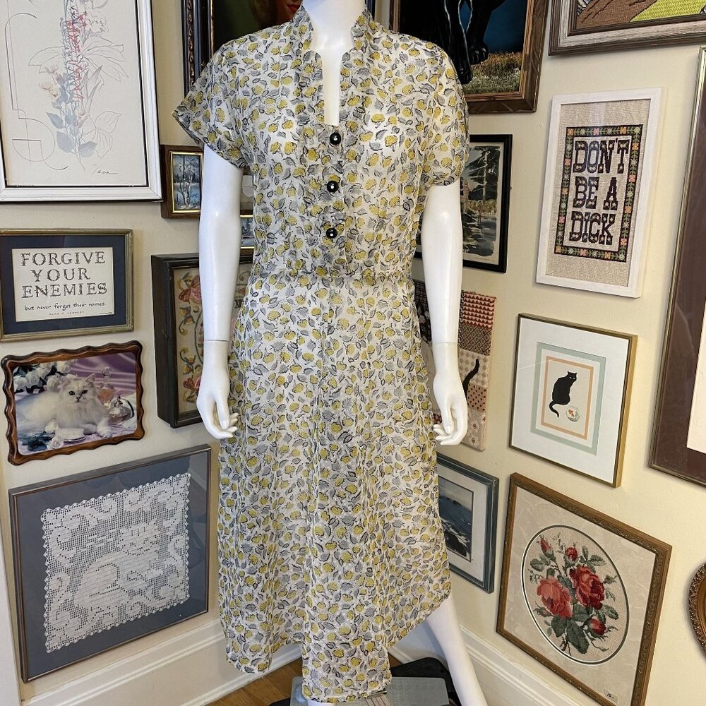 30s Vintage Sheer White Yellow Black Floral Short Sleeve Shirt Dress Size XL